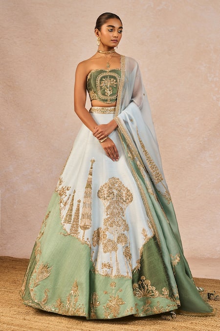 Masaba Blue Silk, Organza Embroidery, Stones, Pehli Baarish 12 Kalis Lehenga Set 