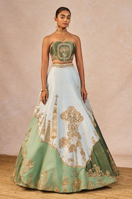 Shop_Masaba_Blue Silk, Organza Embroidery, Pehli Baarish 12 Kalis Bridal Lehenga Set _Online_at_Aza_Fashions