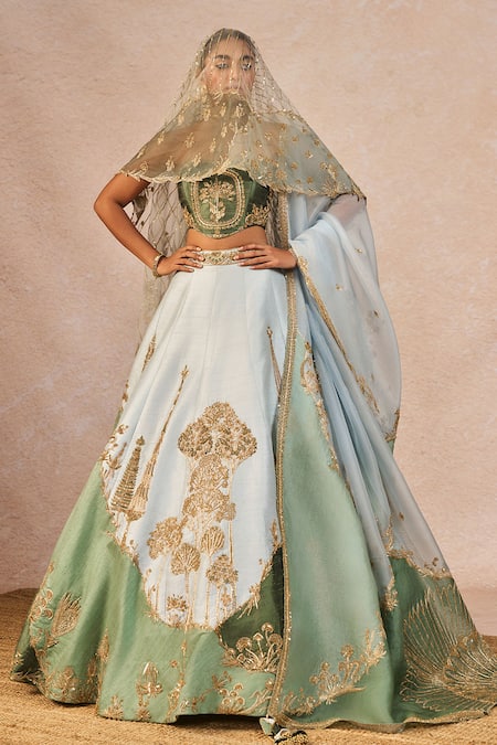 Masaba Blue Silk, Organza Embroidery, Pehli Baarish 12 Kalis Bridal Lehenga Set 