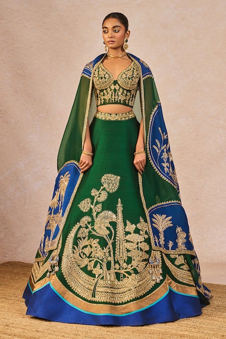 Masaba Green Silk, Organza Embroidery, Pearls, Mehendi Rachke Bridal Lehenga Set 