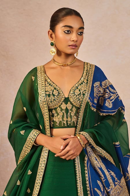 Masaba_Green Silk, Organza Embroidery, Stones, Mirrors, Mehendi Rachke Lehenga Set _at_Aza_Fashions