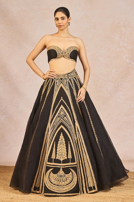 Shop_Masaba_Black Organza, Silk Embroidery, Zari, Aankhon Ka Paigam 12 Kalis Lehenga Set _Online_at_Aza_Fashions