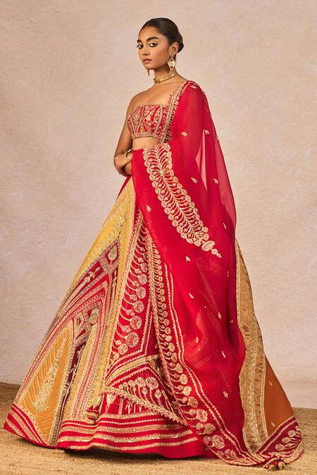 Masaba_Red Silk, Organza Embroidery, Stones, Beads, Garam Masala 12 Kalis Lehenga Set _Online_at_Aza_Fashions