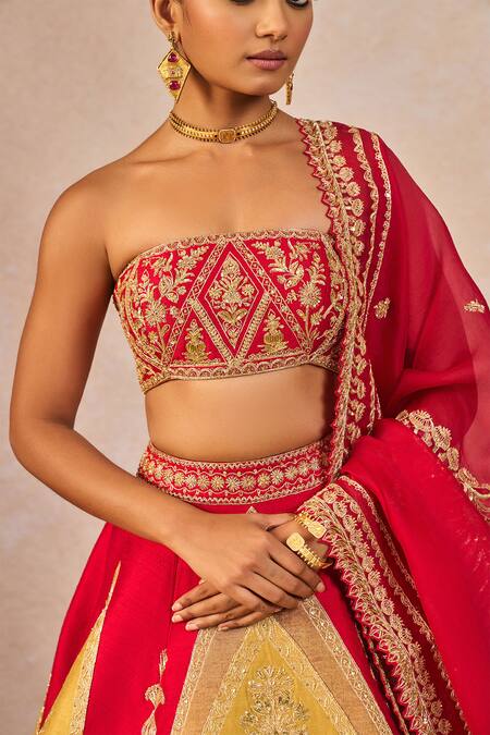 Buy_Masaba_Red Silk, Organza Embroidery, Stones, Beads, Garam Masala 12 Kalis Lehenga Set _Online_at_Aza_Fashions