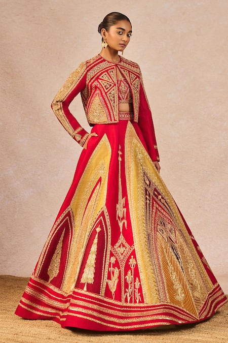 Buy_Masaba_Red Silk Embroidery, Stones, Sequins, Pearls, Garam Masala Jacket Lehenga Set _Online_at_Aza_Fashions