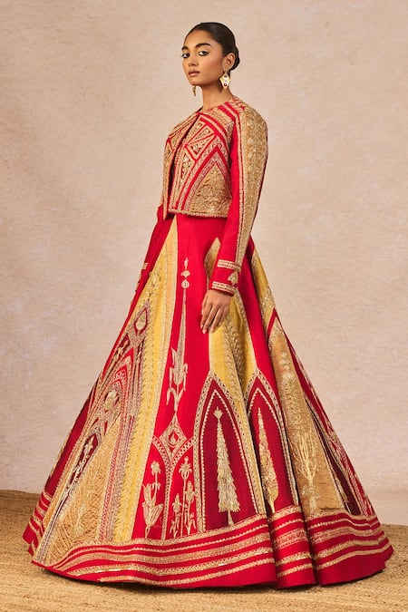 Shop_Masaba_Red Silk Embroidery, Stones, Sequins, Pearls, Garam Masala Jacket Lehenga Set _Online_at_Aza_Fashions