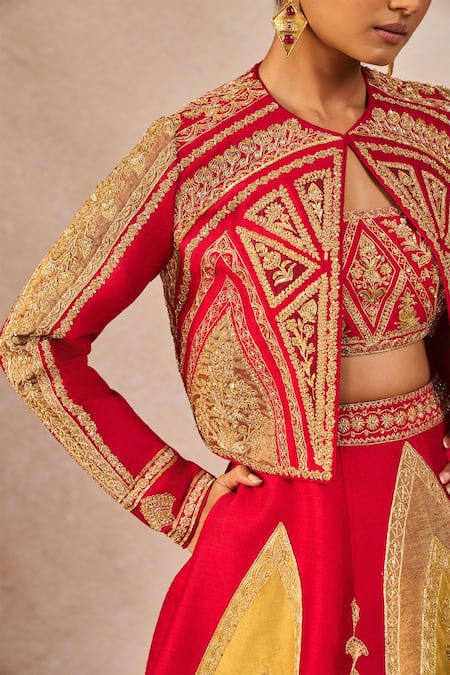 Masaba_Red Silk Embroidery, Stones, Sequins, Pearls, Garam Masala Jacket Lehenga Set _at_Aza_Fashions