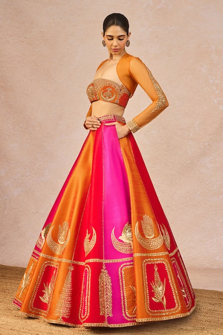 Masaba_Orange Silk, Net, Organza Embroidery, Stones, Patakha 12 Kalis Lehenga Set _Online_at_Aza_Fashions