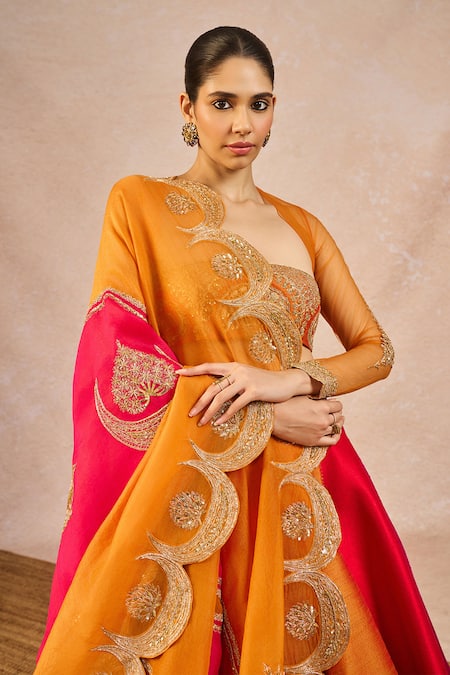 Buy_Masaba_Orange Silk, Net, Organza Embroidery, Stones, Patakha 12 Kalis Lehenga Set _Online_at_Aza_Fashions