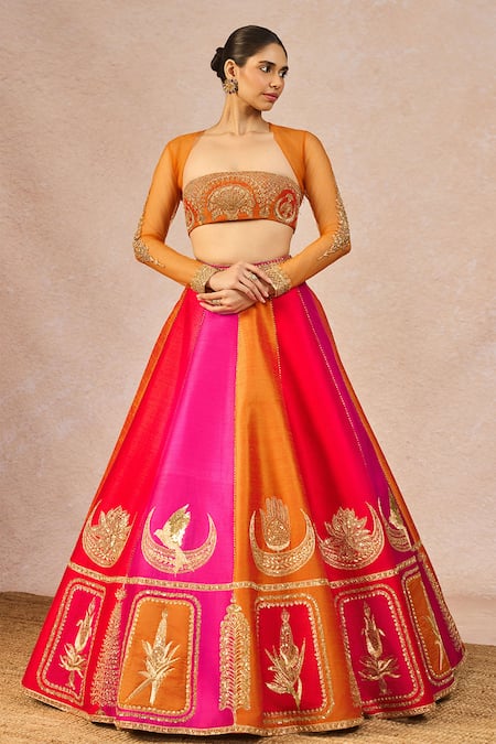 Buy_Masaba_Orange Silk, Net, Organza Embroidery, Stones, Patakha 12 Kalis Lehenga Set 