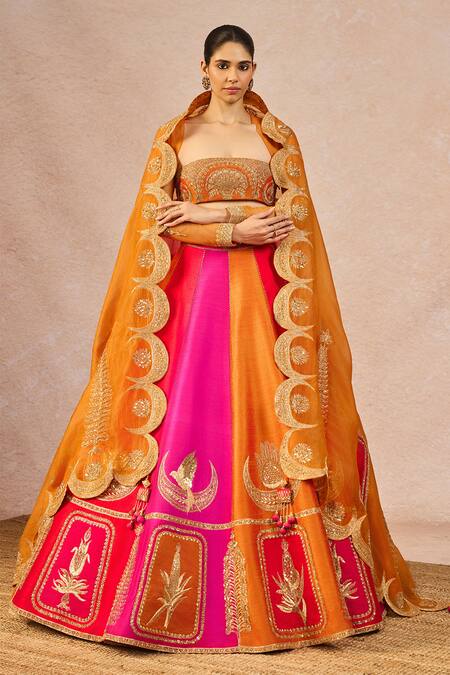 Shop_Masaba_Orange Silk, Net, Organza Embroidery, Stones, Patakha 12 Kalis Lehenga Set 