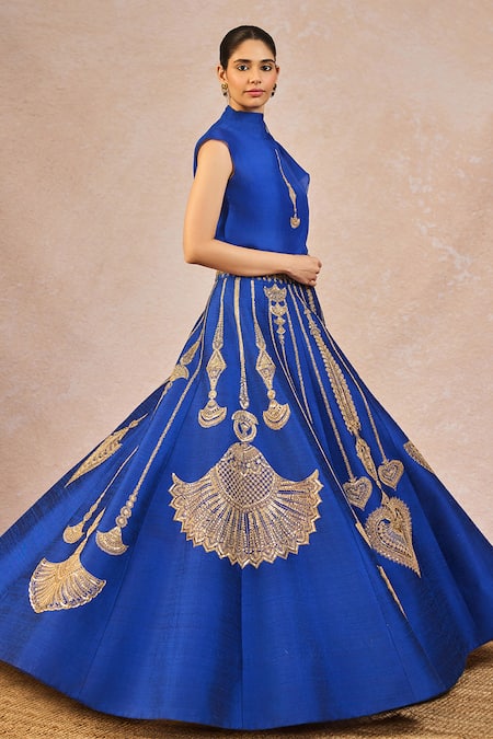 Buy_Masaba_Blue Silk, Organza Embroidery, Stones, Zari Dil Jaanta Hai 12 Kalis Lehenga Set _Online_at_Aza_Fashions