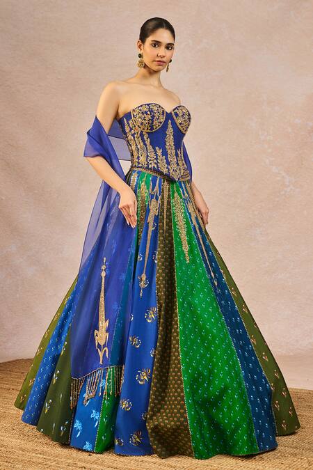 Shop_Masaba_Blue Silk, Net, Organza Embroidery, Tassels, Rango Sa Jaha 18 Kalis Lehenga Set _Online_at_Aza_Fashions
