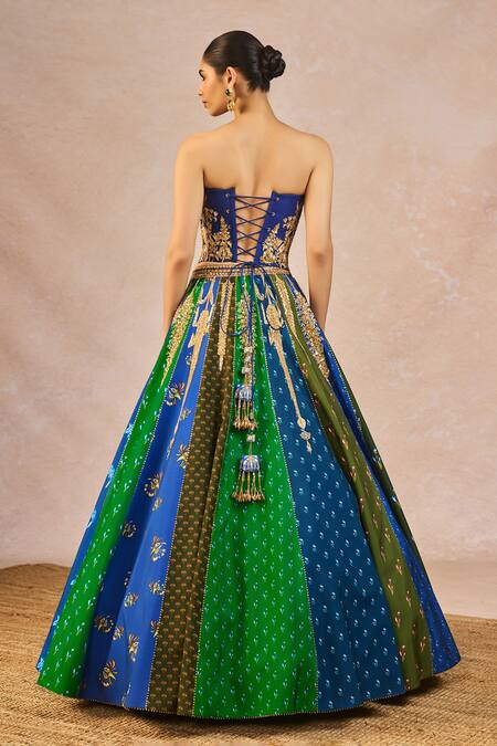 Masaba_Blue Silk, Net, Organza Embroidery, Tassels, Rango Sa Jaha 18 Kalis Lehenga Set _at_Aza_Fashions