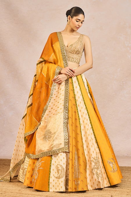 Masaba Mustard Silk, Tissue, Organza Embroidery, Stones, Aur Tum 12 Kalis Lehenga Set 