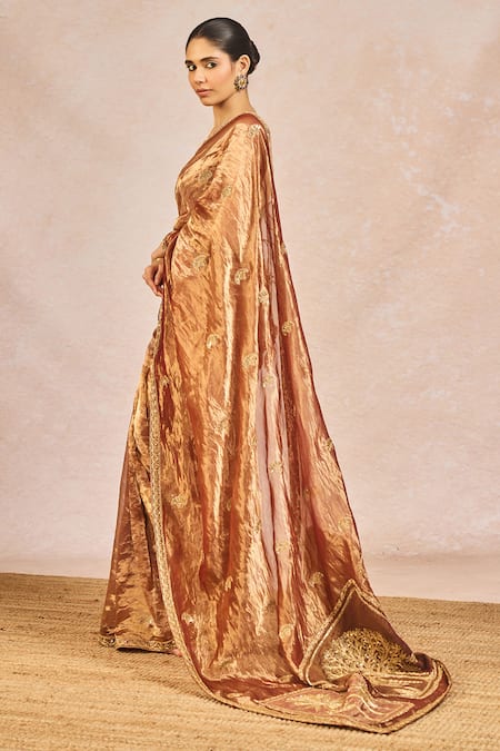 Masaba Rust Tissue Zari, Embroidery, Beads, Sequins Zard Sitara Saree With Blouse Online at Aza Fashions Masaba_Rust Tissue Zari, Embroidery, Beads, Sequins Zard Sitara Saree With Blouse _Online_at_Aza_Fashions