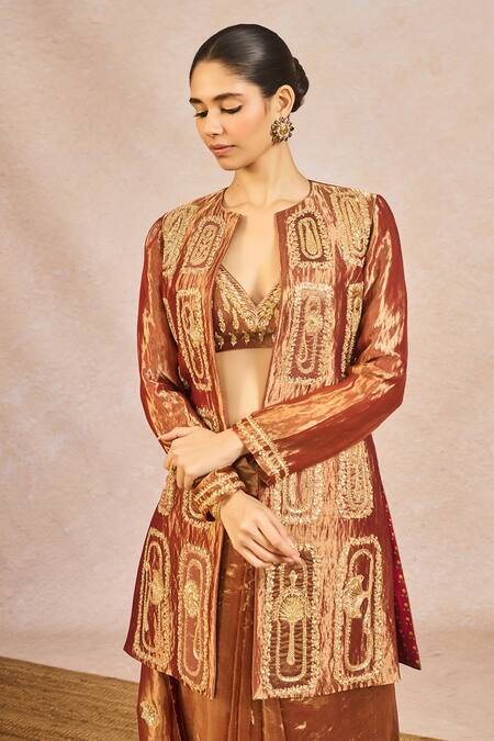 Buy_Masaba_Rust Tissue Embroidery, Zari, Beads, Sequins, Zard Sitara Saree Set With Jacket _Online_at_Aza_Fashions
