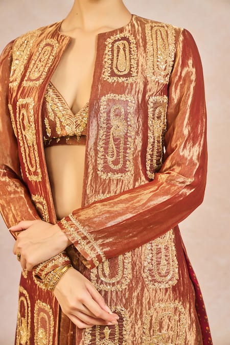 Shop_Masaba_Rust Tissue Embroidery, Zari, Beads, Sequins, Zard Sitara Saree Set With Jacket _Online_at_Aza_Fashions