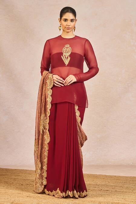 Masaba_Maroon Georgette, Tissue, Organza Mehakasa Paigaam Saree Set With Tunic _Online_at_Aza_Fashions