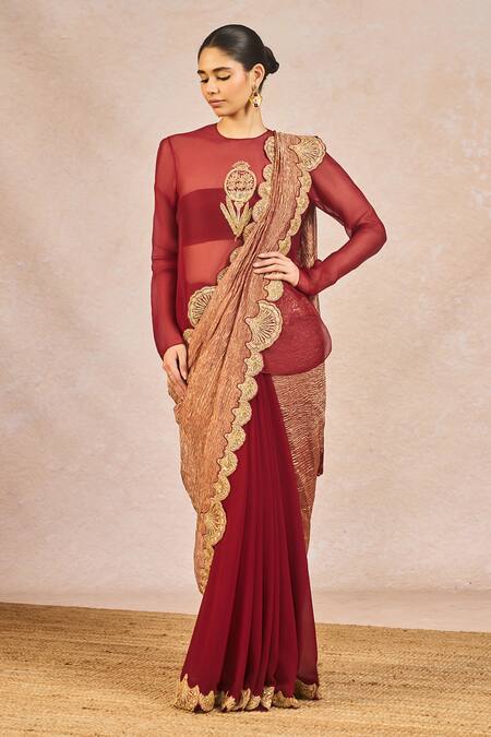 Buy_Masaba_Maroon Georgette, Tissue, Organza Mehakasa Paigaam Saree Set With Tunic _Online_at_Aza_Fashions