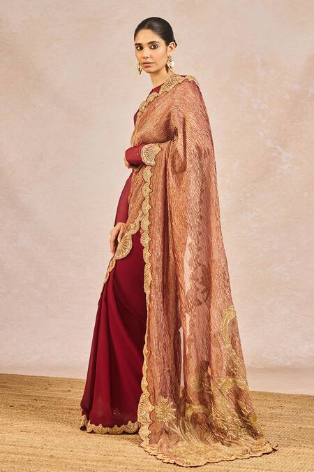 Shop_Masaba_Maroon Georgette, Tissue, Organza Mehakasa Paigaam Saree Set With Tunic _Online_at_Aza_Fashions