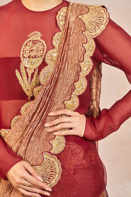 Masaba_Maroon Georgette, Tissue, Organza Mehakasa Paigaam Saree Set With Tunic _at_Aza_Fashions
