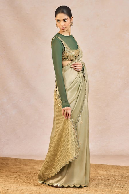 Masaba_Green Chiffon, Tissue, Silk, Mesh Embroidery, Zari, Ikrar Hua Saree Set _Online_at_Aza_Fashions