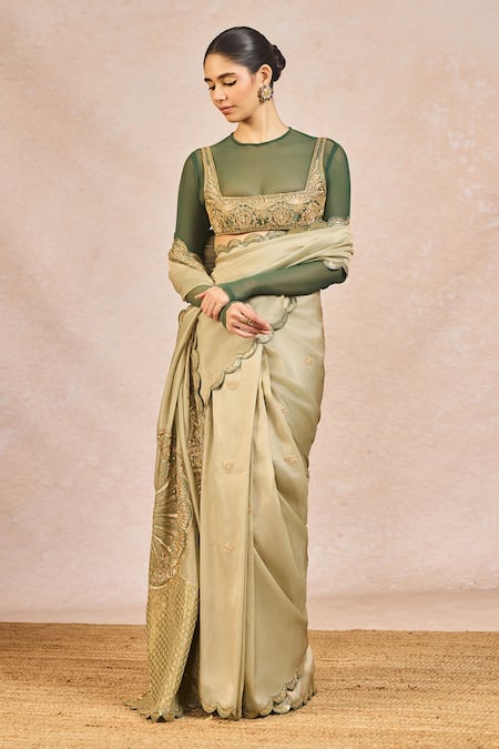 Shop_Masaba_Green Chiffon, Tissue, Silk, Mesh Embroidery, Zari, Ikrar Hua Saree Set _Online_at_Aza_Fashions