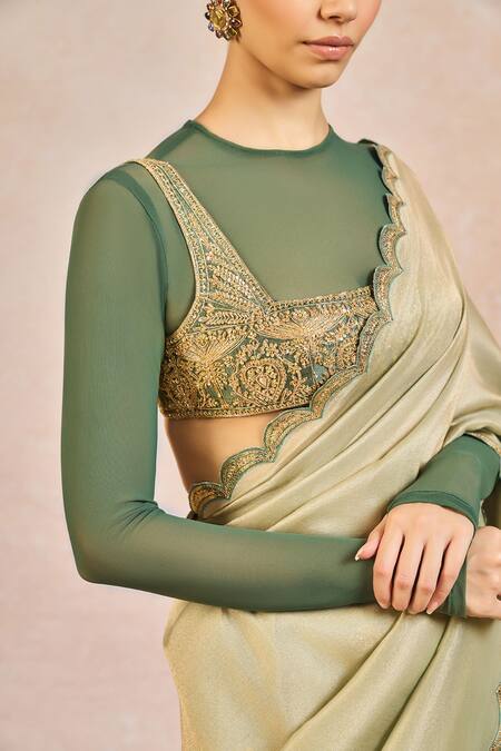 Masaba_Green Chiffon, Tissue, Silk, Mesh Embroidery, Zari, Ikrar Hua Saree Set _at_Aza_Fashions