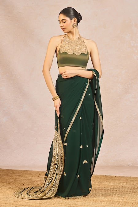 Shop_Masaba_Green Georgette, Tissue Embroidery, Sequins, Mehendi Rachke Saree With Blouse _Online_at_Aza_Fashions