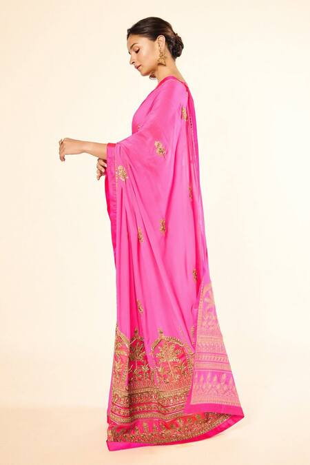 Buy_Masaba_Pink Crepe Embroidery, Zari Leaf Neck Patakha Saree With Blouse _Online_at_Aza_Fashions