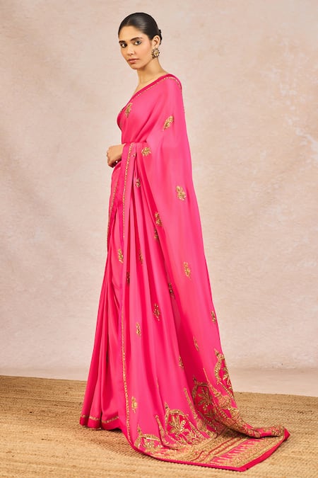 Shop_Masaba_Pink Crepe Embroidery, Zari Leaf Neck Patakha Saree With Blouse _Online_at_Aza_Fashions