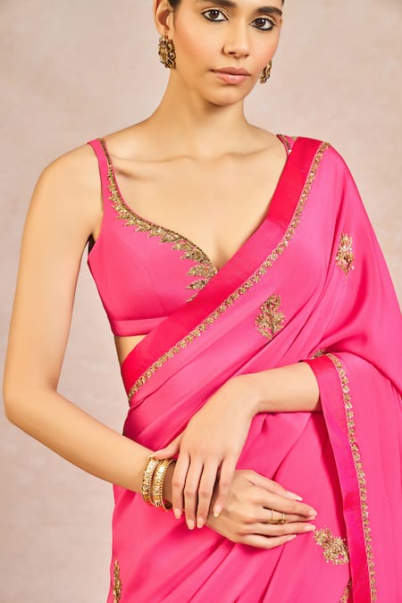 Masaba_Pink Crepe Embroidery, Zari Leaf Neck Patakha Saree With Blouse _at_Aza_Fashions