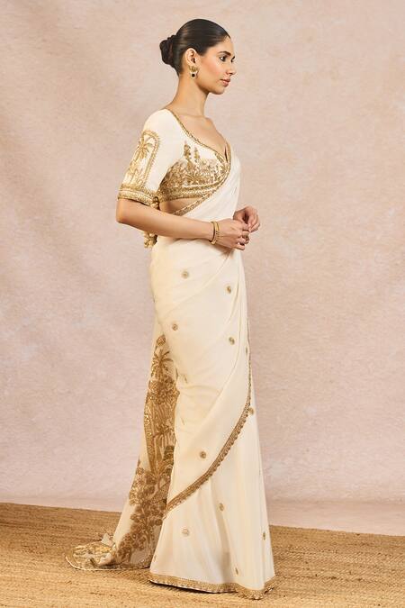 Masaba Ivory Crepe Embroidery, Zari Leaf Neck Namkeen Saree With Blouse Online at Aza Fashions Masaba_Ivory Crepe Embroidery, Zari Leaf Neck Namkeen Saree With Blouse _Online_at_Aza_Fashions