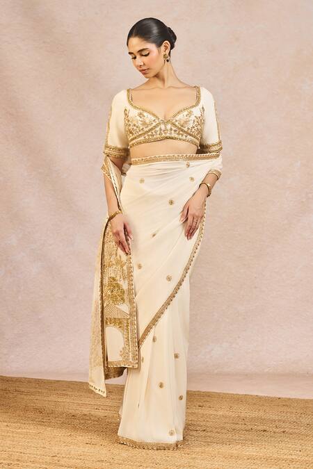 Shop Masaba Ivory Crepe Embroidery, Zari Leaf Neck Namkeen Saree With Blouse Online at Aza Fashions Shop_Masaba_Ivory Crepe Embroidery, Zari Leaf Neck Namkeen Saree With Blouse _Online_at_Aza_Fashions