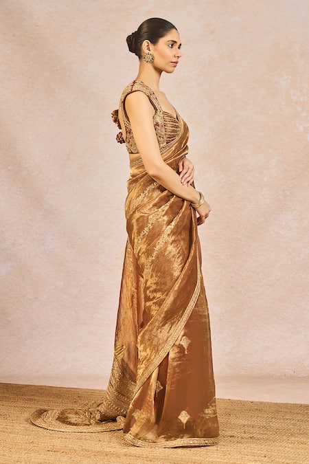 Masaba_Brown Tissue Embroidery, Beads, Stones, Zari, Tera Khayal Saree With Blouse _Online_at_Aza_Fashions