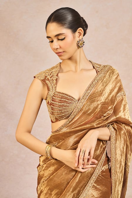 Shop_Masaba_Brown Tissue Embroidery, Beads, Stones, Zari, Tera Khayal Saree With Blouse _Online_at_Aza_Fashions