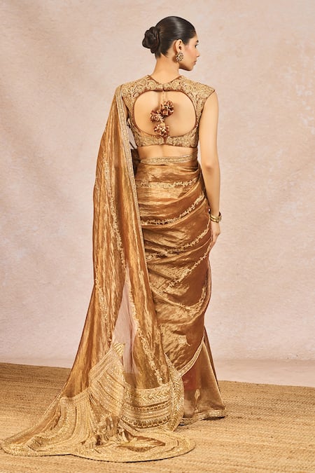 Shop_Masaba_Brown Tissue Embroidery, Beads, Stones, Zari, Tera Khayal Saree With Blouse _at_Aza_Fashions