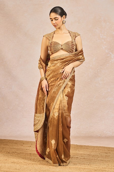 Masaba_Brown Tissue Embroidery, Beads, Stones, Zari, Tera Khayal Saree With Blouse _at_Aza_Fashions