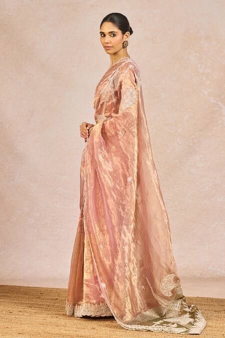 Masaba_Blush Tissue Embroidery, Zari, Tassels V-neck Chandni Saree With Bustier _Online_at_Aza_Fashions