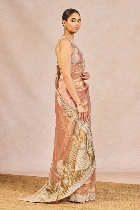 Buy_Masaba_Blush Tissue Embroidery, Zari, Tassels V-neck Chandni Saree With Bustier _Online_at_Aza_Fashions