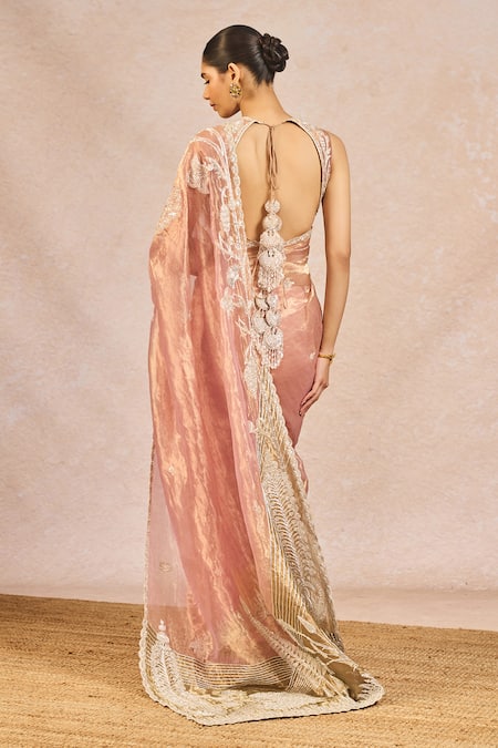 Shop_Masaba_Blush Tissue Embroidery, Zari, Tassels V-neck Chandni Saree With Bustier _Online_at_Aza_Fashions