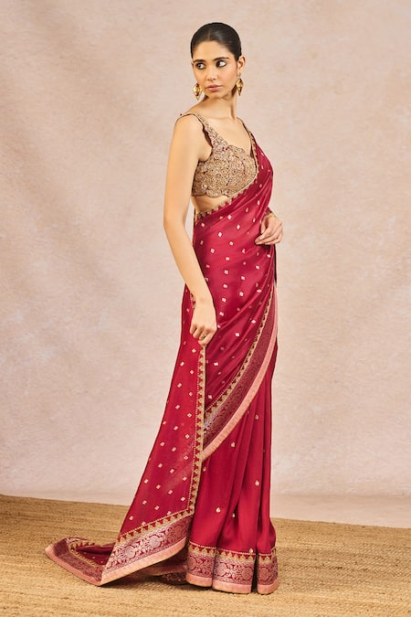 Masaba_Red Dupion, Organza, Jacquard, Silk Embroidery, Baat Ban Gyi Saree With Bustier _Online_at_Aza_Fashions