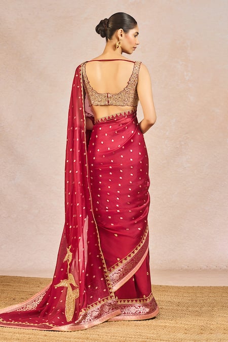 Shop_Masaba_Red Dupion, Organza, Jacquard, Silk Embroidery, Baat Ban Gyi Saree With Bustier _Online_at_Aza_Fashions