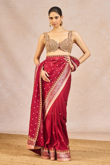 Masaba_Red Dupion, Organza, Jacquard, Silk Embroidery, Baat Ban Gyi Saree With Bustier _at_Aza_Fashions