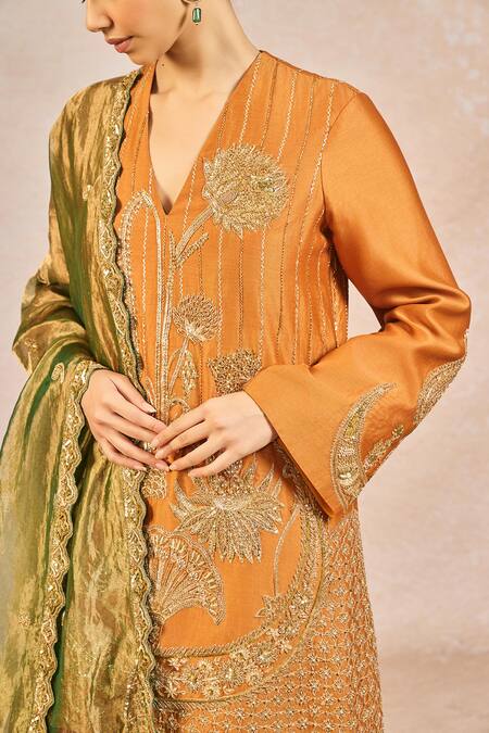 Shop_Masaba_Orange Chanderi, Tissue Embroidery, Zari V-neck Garam Masala Kurta Set _Online_at_Aza_Fashions
