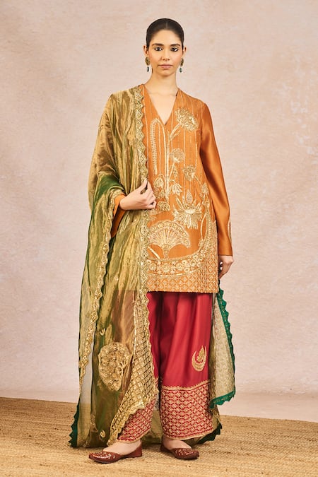 Masaba Orange Chanderi, Tissue Embroidery, Zari V-neck Garam Masala Kurta Set 
