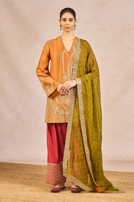 Masaba Rust Chanderi Embroidery, Zari, Lace, Sequins V-neck Garam Masala Kurta Set 