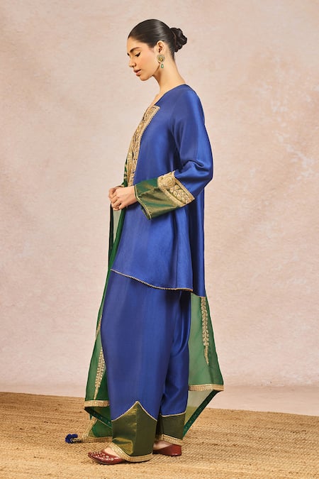 Buy_Masaba_Blue Chanderi, Organza Embroidery, Patchwork, Lace, Dil Jaanta Hai Kurta Set _Online_at_Aza_Fashions
