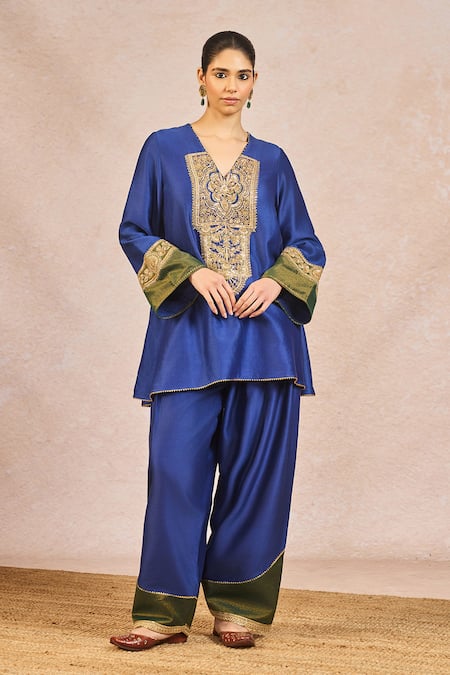 Shop_Masaba_Blue Chanderi, Organza Embroidery, Patchwork, Lace, Dil Jaanta Hai Kurta Set _Online_at_Aza_Fashions